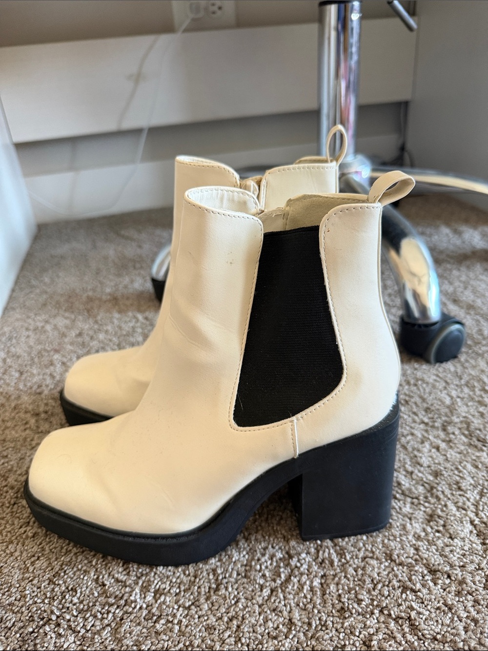 MIA Cream Chelsea Block Heel Booties with Black Elastic